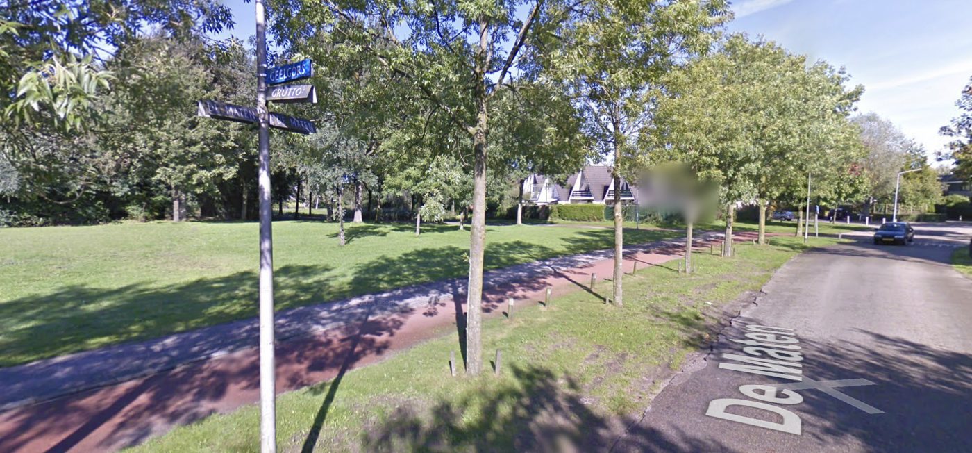 Grasstrook met bomen aan De Maten, hoek Geelgors en Grutto, met het fietspad en de weg rechts en het park links.